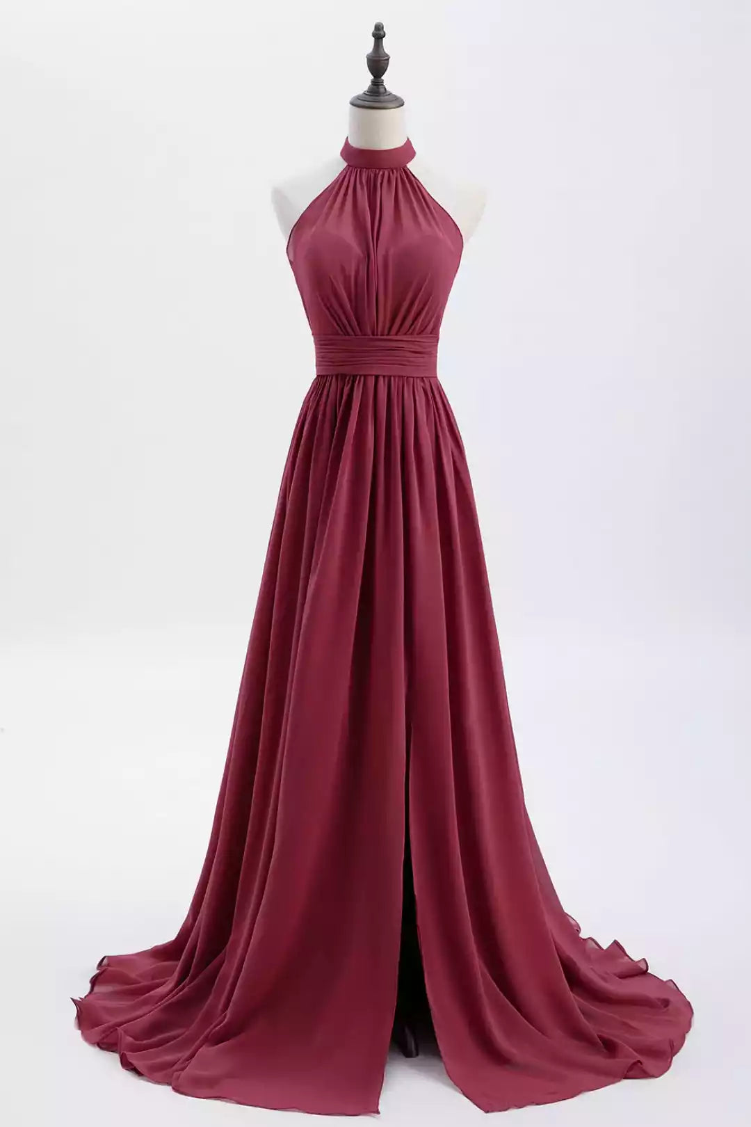 Luxe Burgundy Chiffon Gown with Halter Deep V-Back & Slit Skirt
