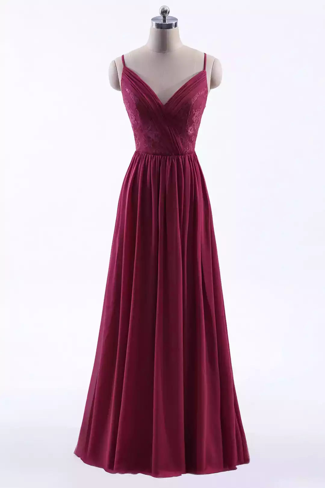 Luxe Burgundy Chiffon Gown with Lace Accent & Cross-Back Straps