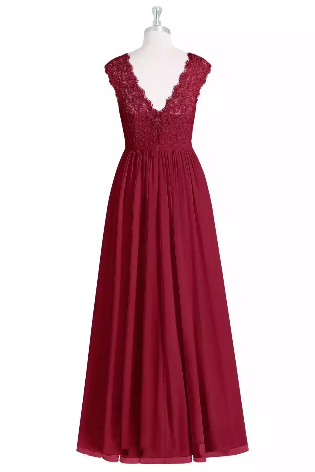 Luxe Burgundy Chiffon Gown with Lace Bodice & V-Neck