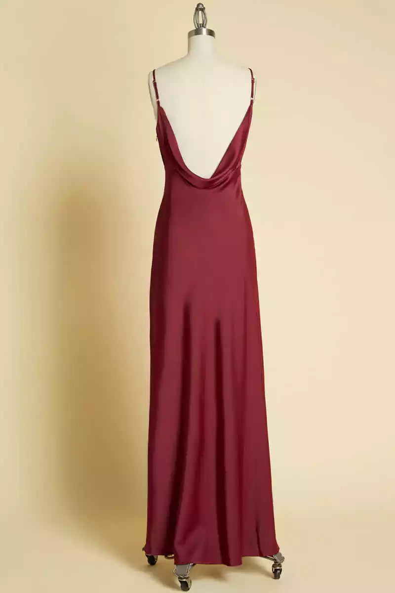 Luxe Burgundy Satin Gown with Deep V-Neck & Cowl Open Back