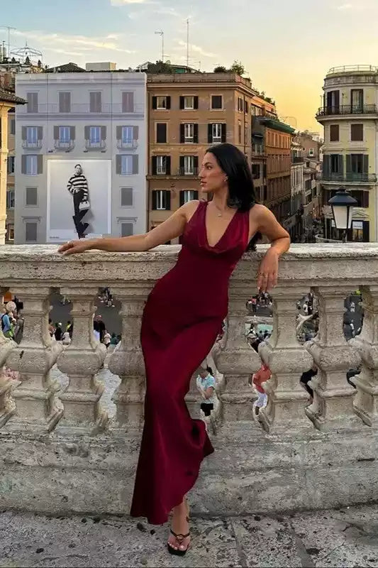 Luxe Burgundy Satin Gown with Halter Neck & Deep Open Back