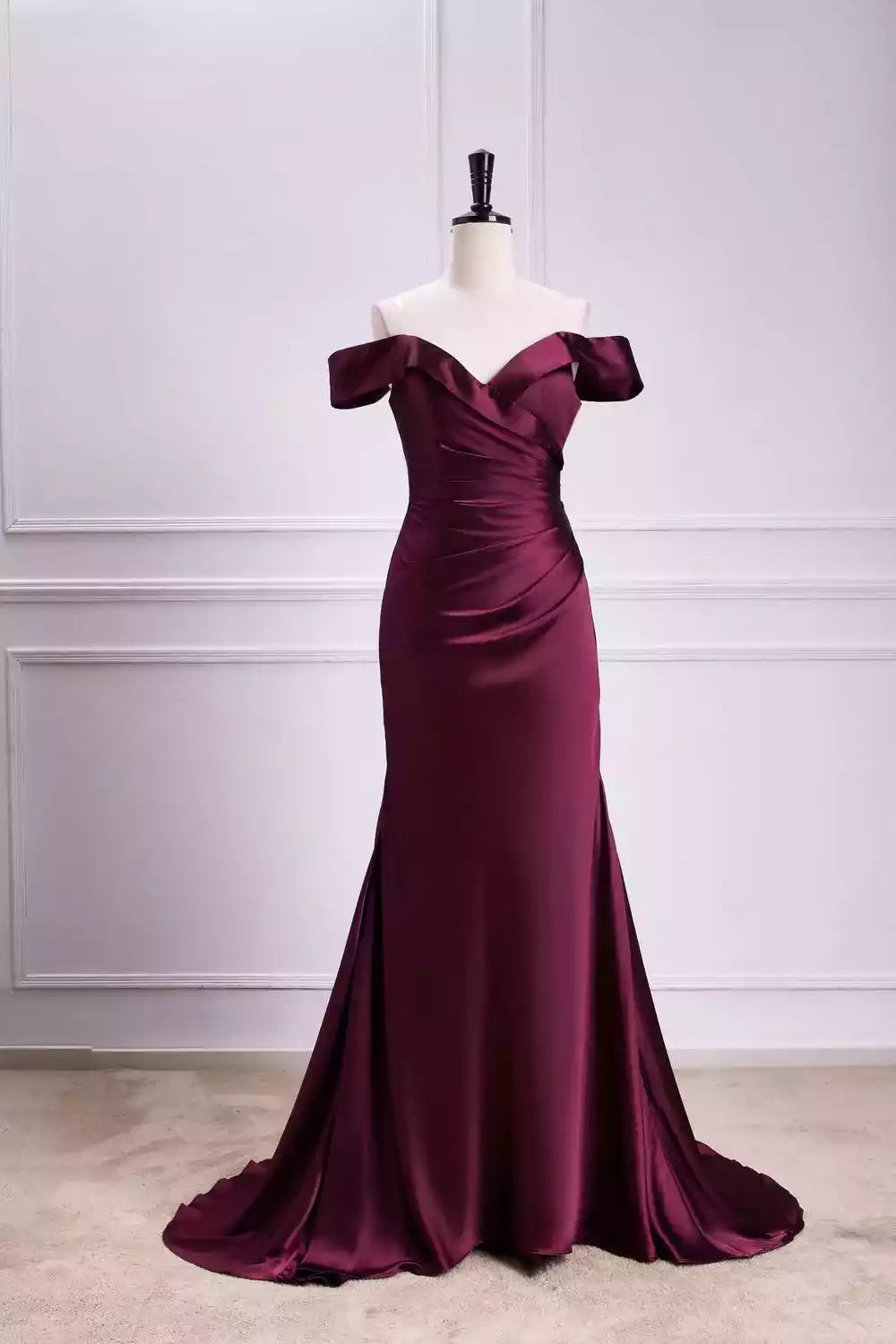 Luxe Burgundy Satin Gown with Off-the-Shoulder & Mermaid Silhouette