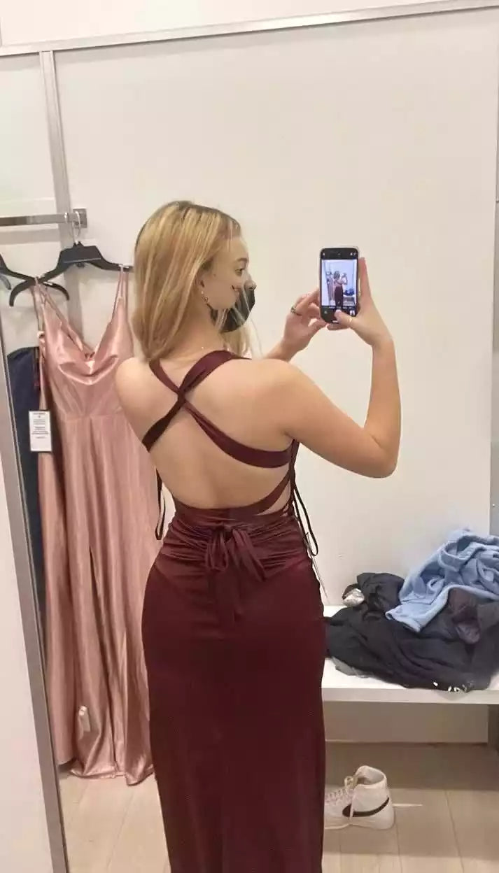 Luxe Burgundy Satin Gown with Plunging V-Neck & Cross-Back Lace-Up