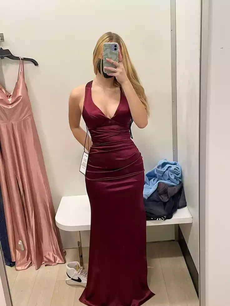 Luxe Burgundy Satin Gown with Plunging V-Neck & Cross-Back Lace-Up