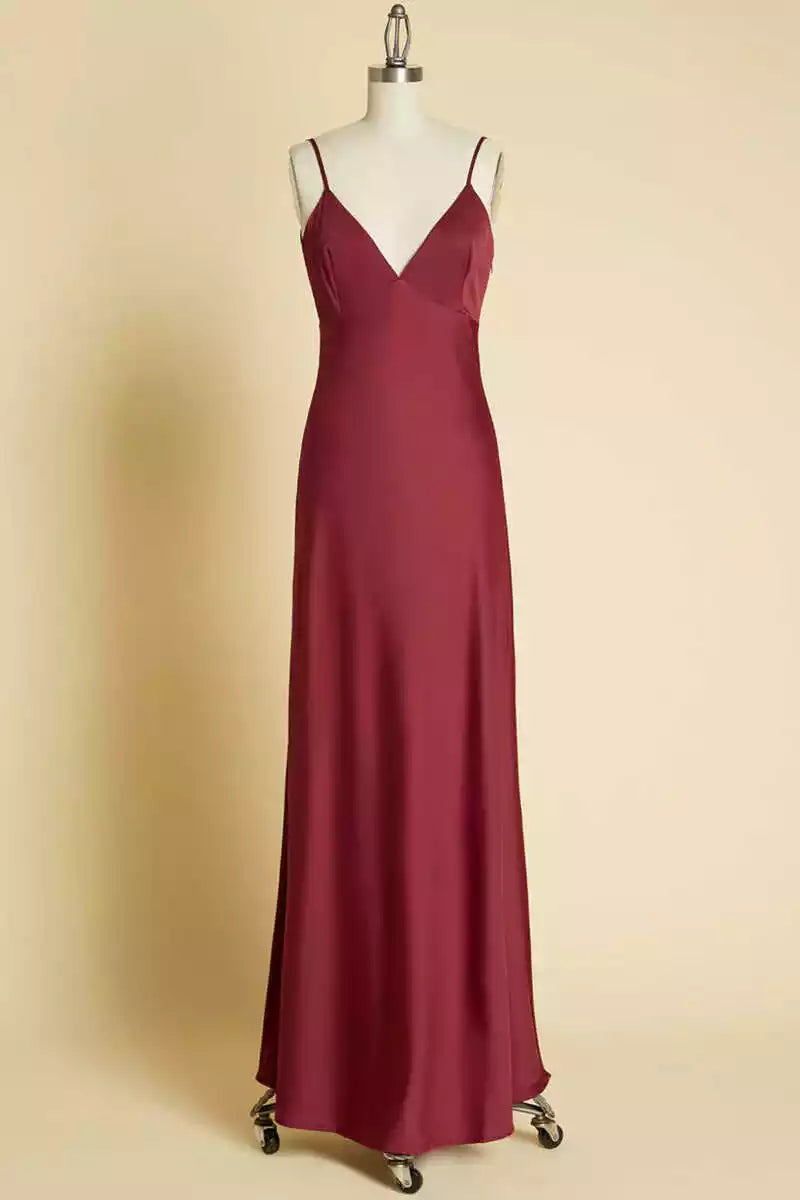 Luxe Burgundy Satin Gown with Thin Straps & Cowl Open Back