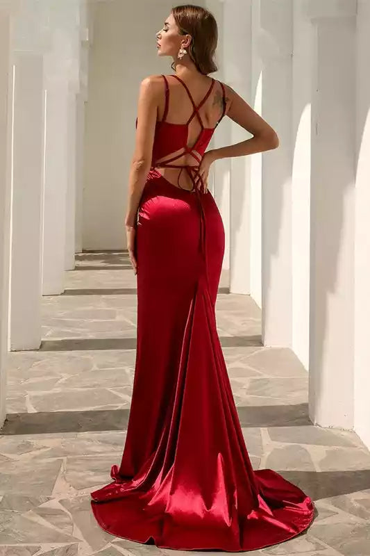 Luxe Burgundy Satin Mermaid Gown with Crisscross Back & Plunging V-Neckline