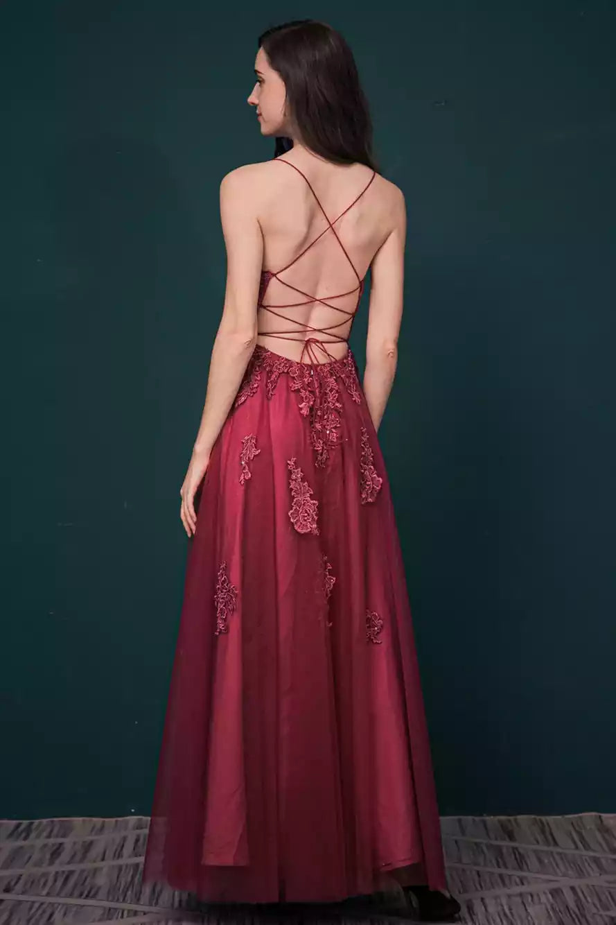 Luxe Burgundy Tulle Gown with Beaded Lace Bodice & Crisscross Back