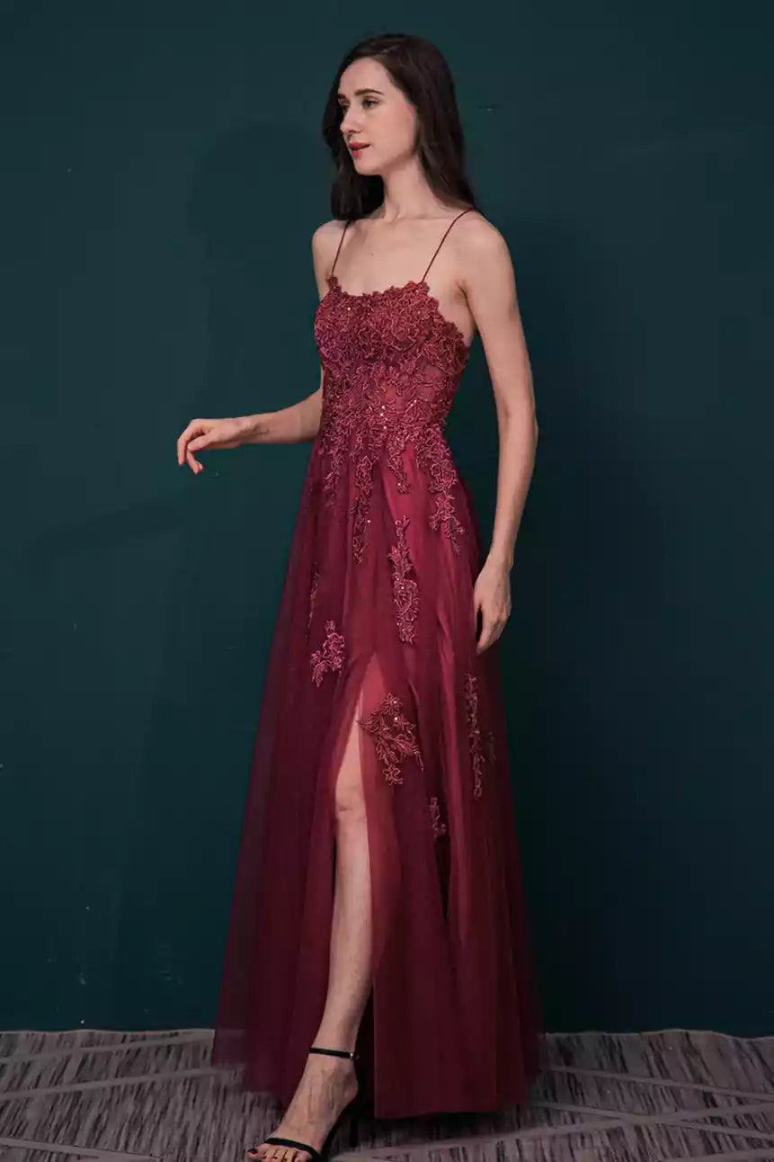 Luxe Burgundy Tulle Gown with Beaded Lace Bodice & Crisscross Back