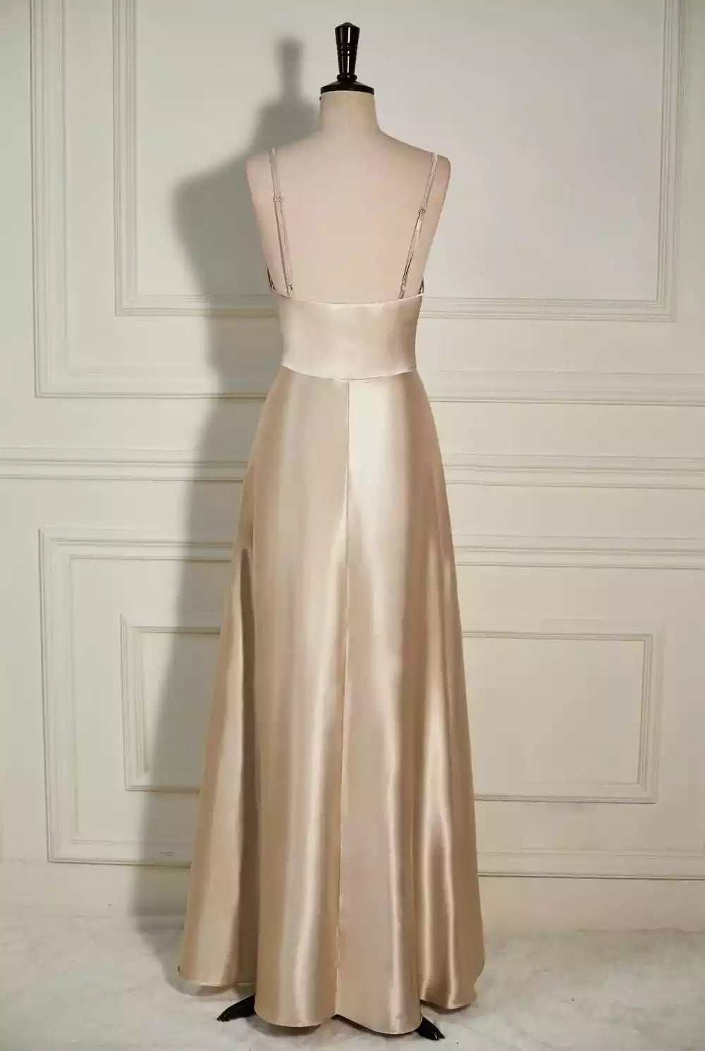Luxe Champagne Satin Gown with Cowl Neck & Slit A-Line Silhouette