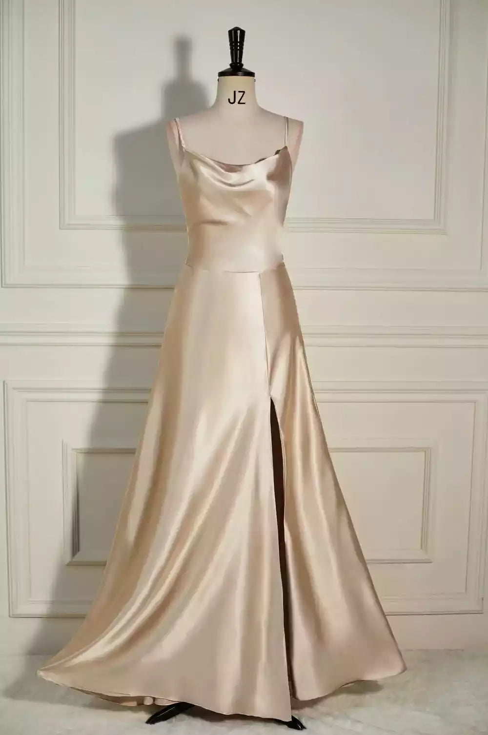 Luxe Champagne Satin Gown with Cowl Neck & Slit A-Line Silhouette