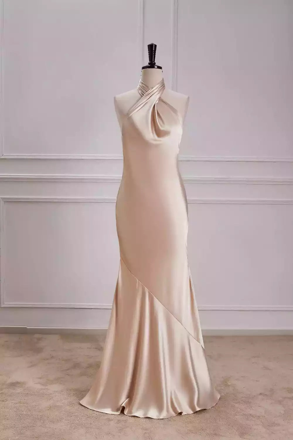 Luxe Champagne Satin Gown with Halter Neckline & Open Back