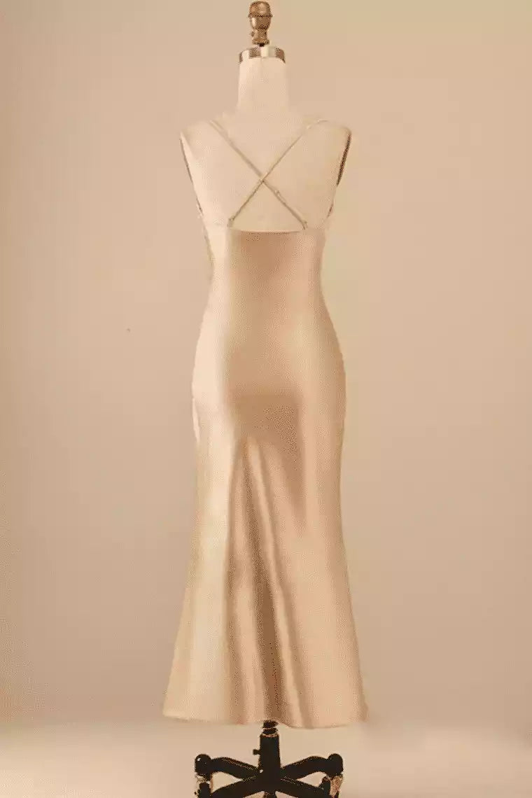 Luxe Champagne Satin Mermaid Gown with Cross-Back & Cowl Neckline