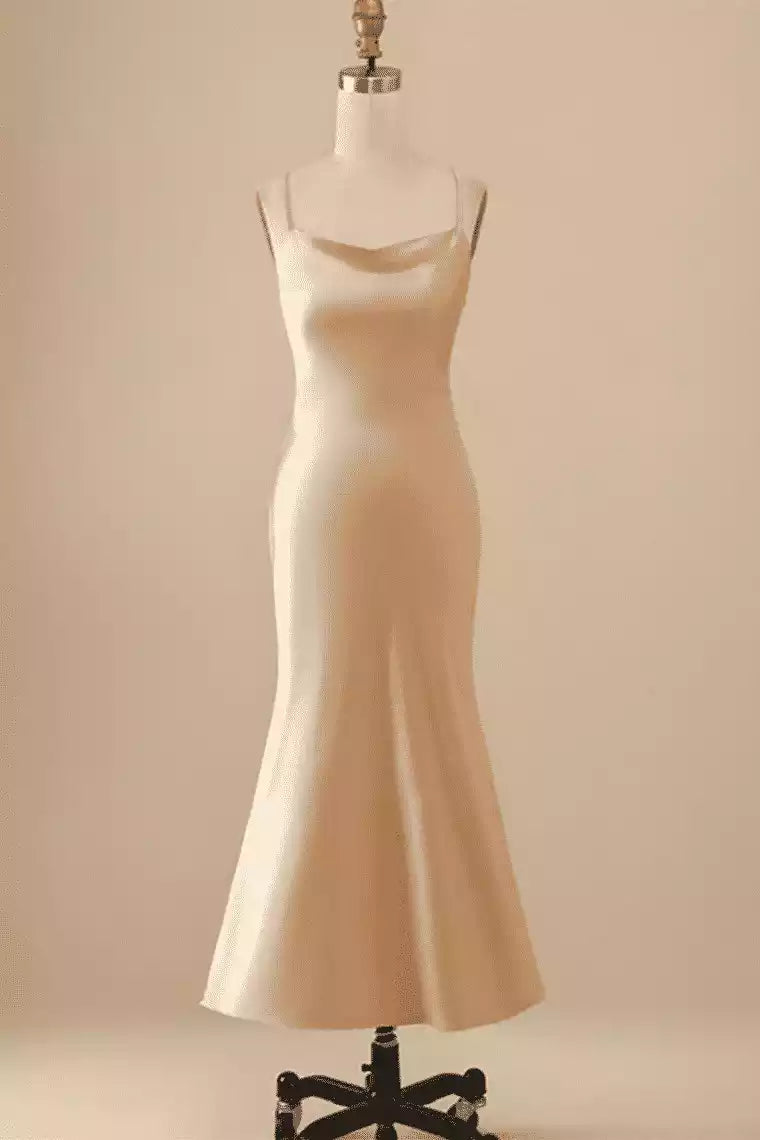 Luxe Champagne Satin Mermaid Gown with Cross-Back & Cowl Neckline