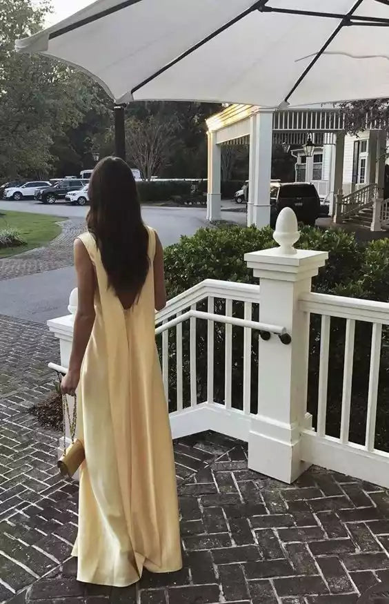Luxe Champagne Yellow Satin Gown with Plunging V-Neck & Deep Open Back
