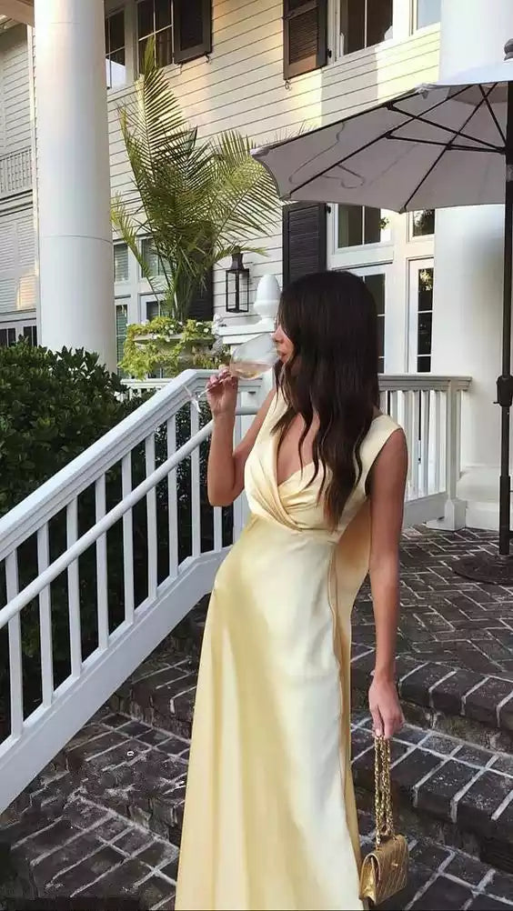Luxe Champagne Yellow Satin Gown with Plunging V-Neck & Deep Open Back