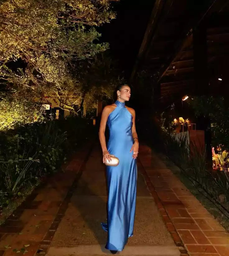 Luxe Cobalt Blue Satin Gown with Halter Neck & Open Back