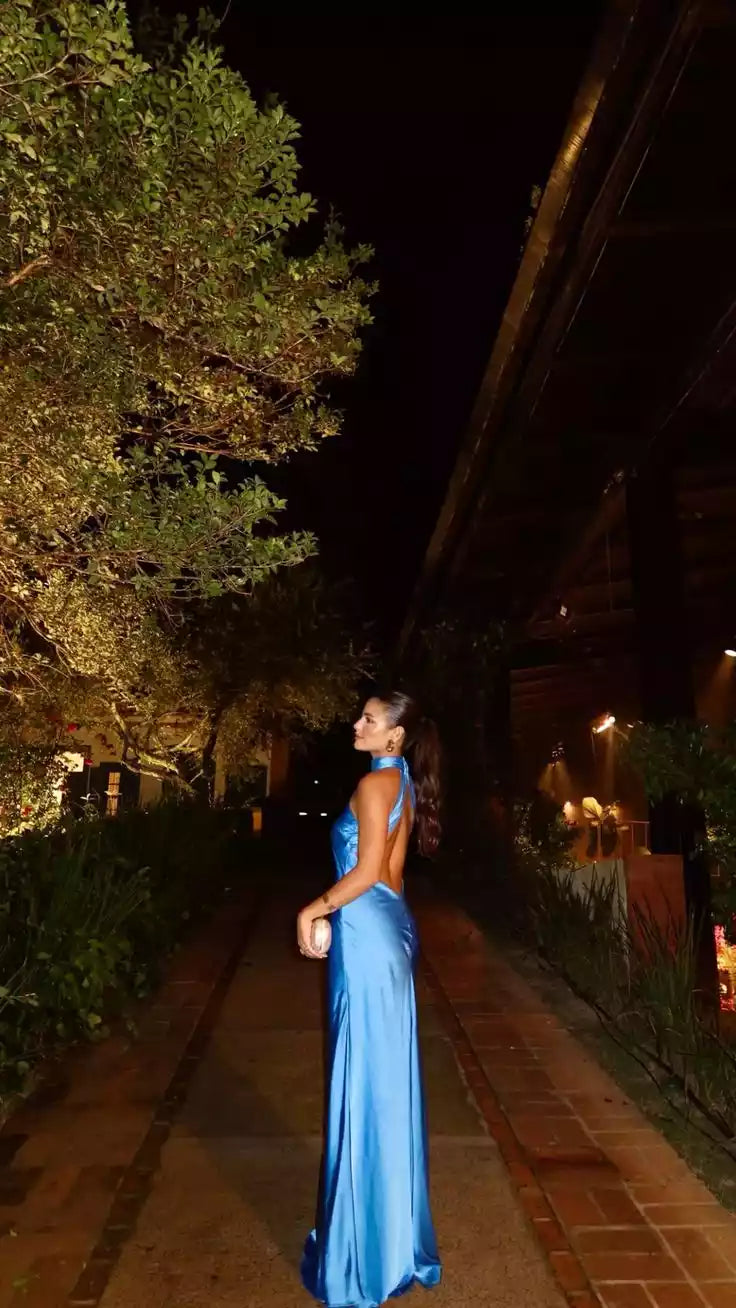Luxe Cobalt Blue Satin Gown with Halter Neck & Open Back