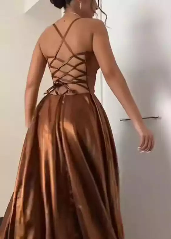 Luxe Copper Satin Gown with Plunging V-Neck & Cross-Back Lace-Up