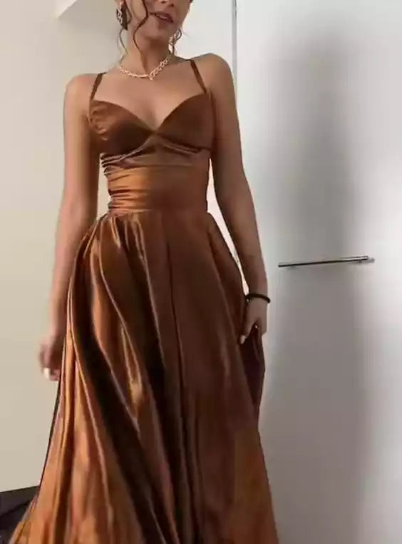Luxe Copper Satin Gown with Plunging V-Neck & Cross-Back Lace-Up