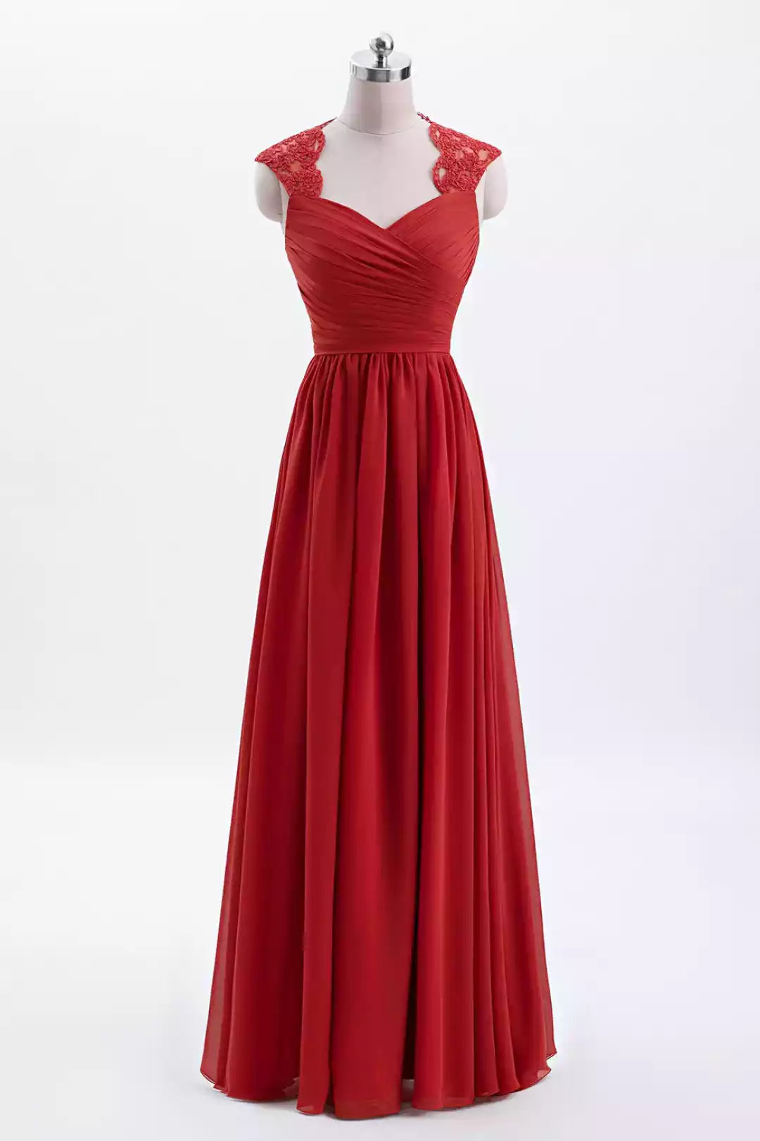 Luxe Crimson Red Chiffon Gown with Lace Shoulders & Ruched Bodice