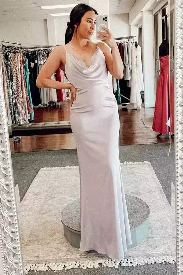 Luxe Dusty Lavender Satin Gown with Cowl Neck & Tie-Back Cut-Out