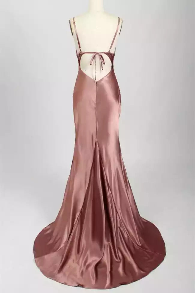 Luxe Dusty Rose Satin Gown with Cut-Out Back & Mermaid Train