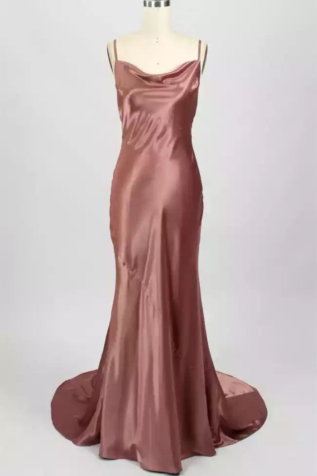 Luxe Dusty Rose Satin Gown with Cut-Out Back & Mermaid Train