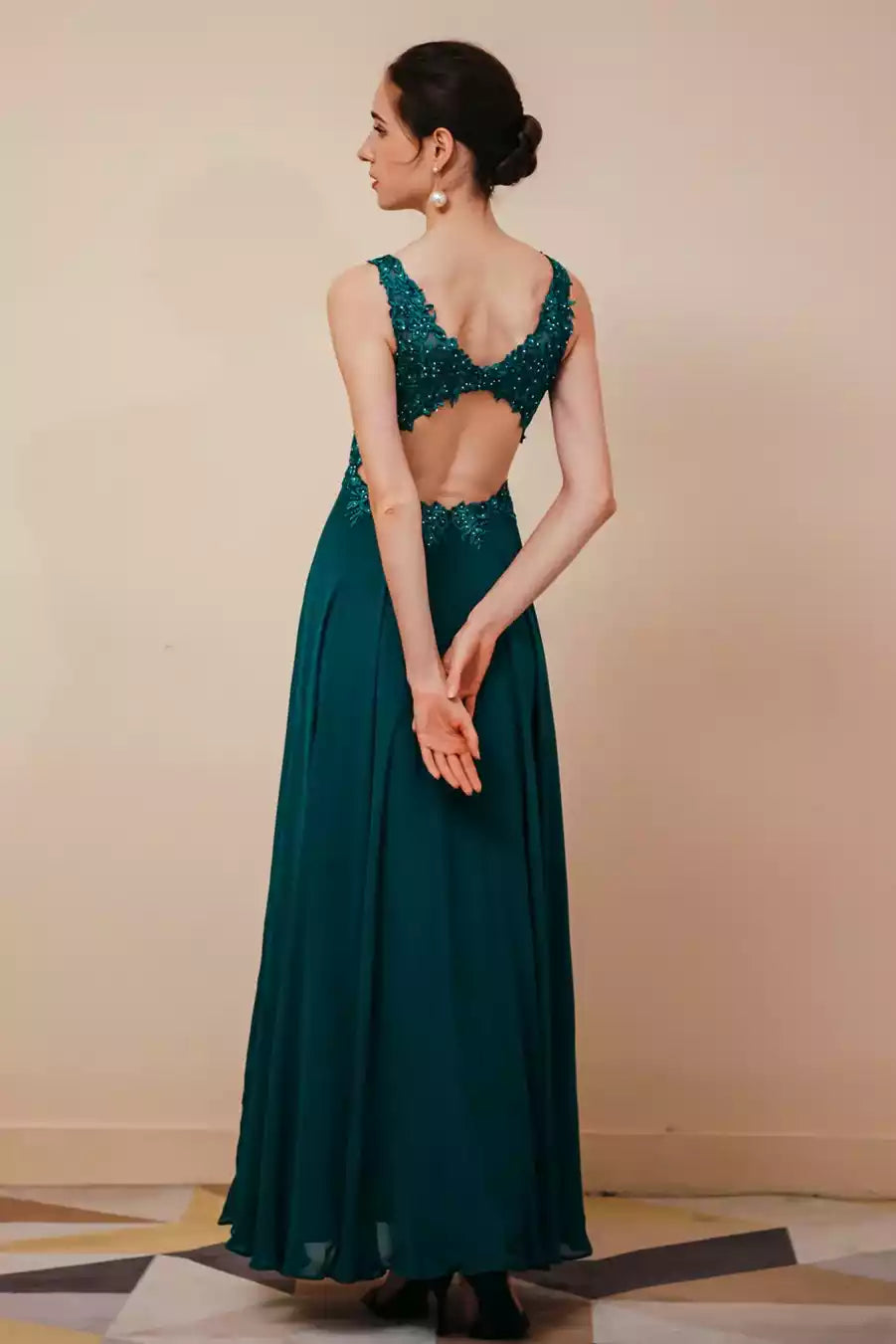 Luxe Emerald Chiffon Gown with Beaded Lace Bodice & Keyhole Back