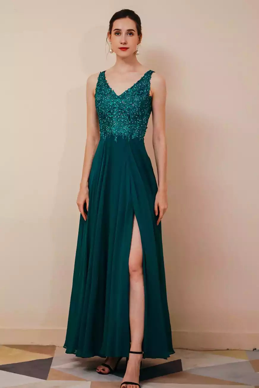 Luxe Emerald Chiffon Gown with Beaded Lace Bodice & Keyhole Back