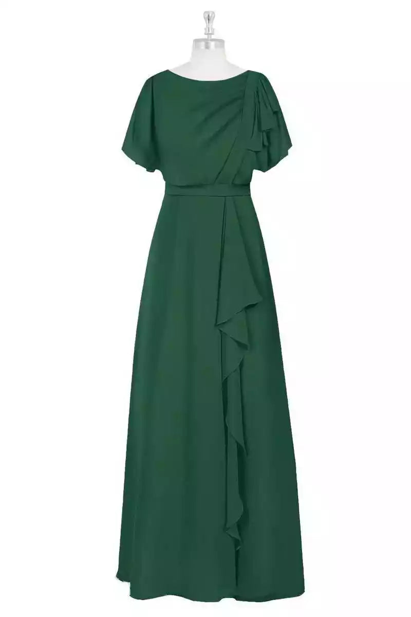 Luxe Emerald Green Chiffon Gown with Flutter Sleeves & Ruffled Accents