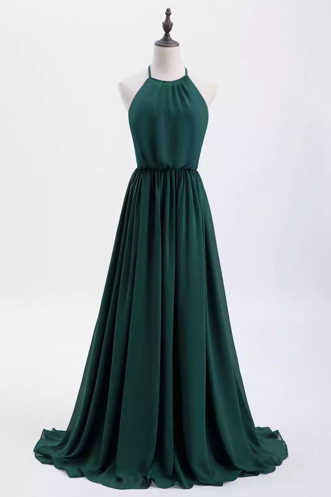 Luxe Emerald Green Chiffon Gown with Halter Neck & Back Bow Detail