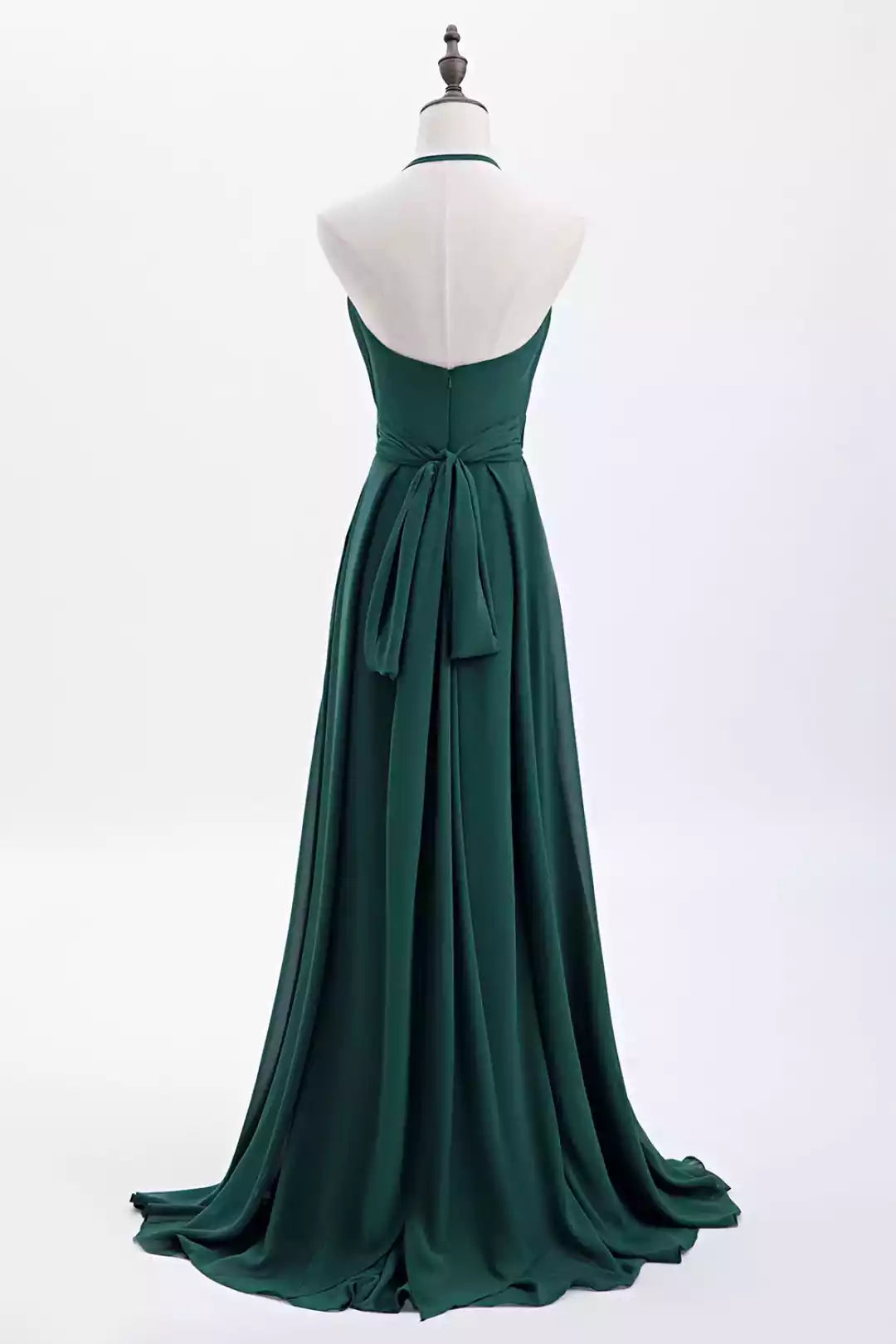 Luxe Emerald Green Chiffon Gown with Halter Neck & Back Tie Detail
