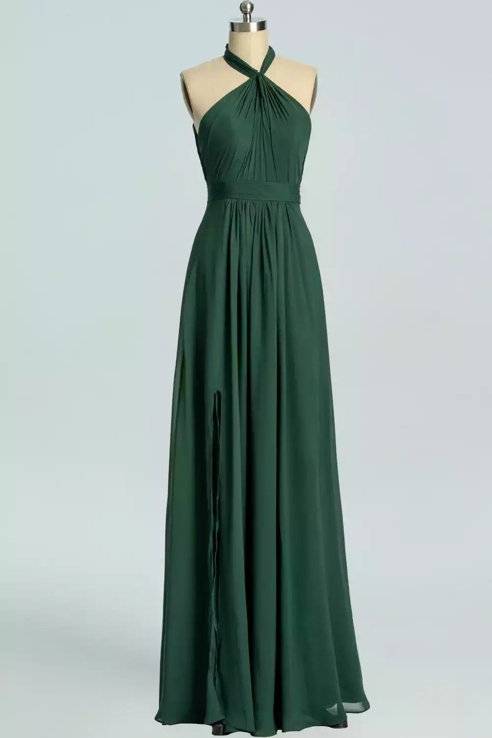 Luxe Emerald Green Chiffon Gown with Multi-Strap Halter Back & Side Slit