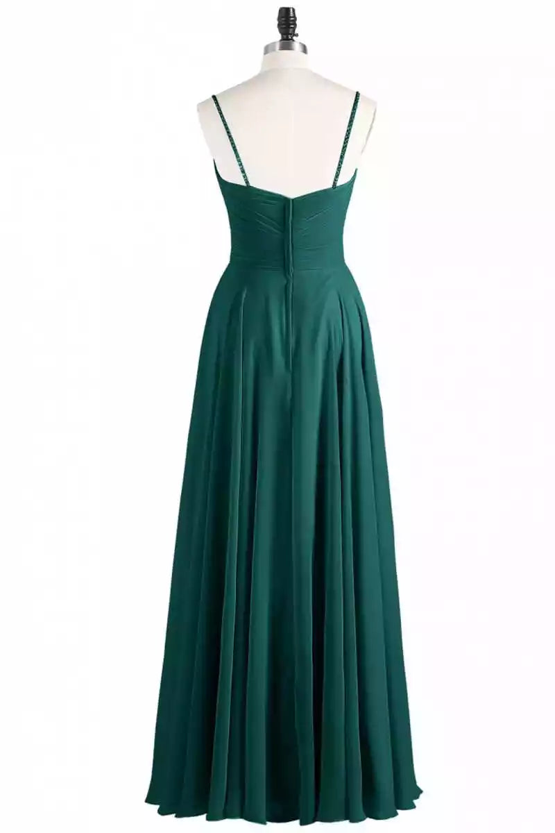 Luxe Emerald Green Chiffon Gown with Spaghetti Strap Ruched Bodice & V-Back
