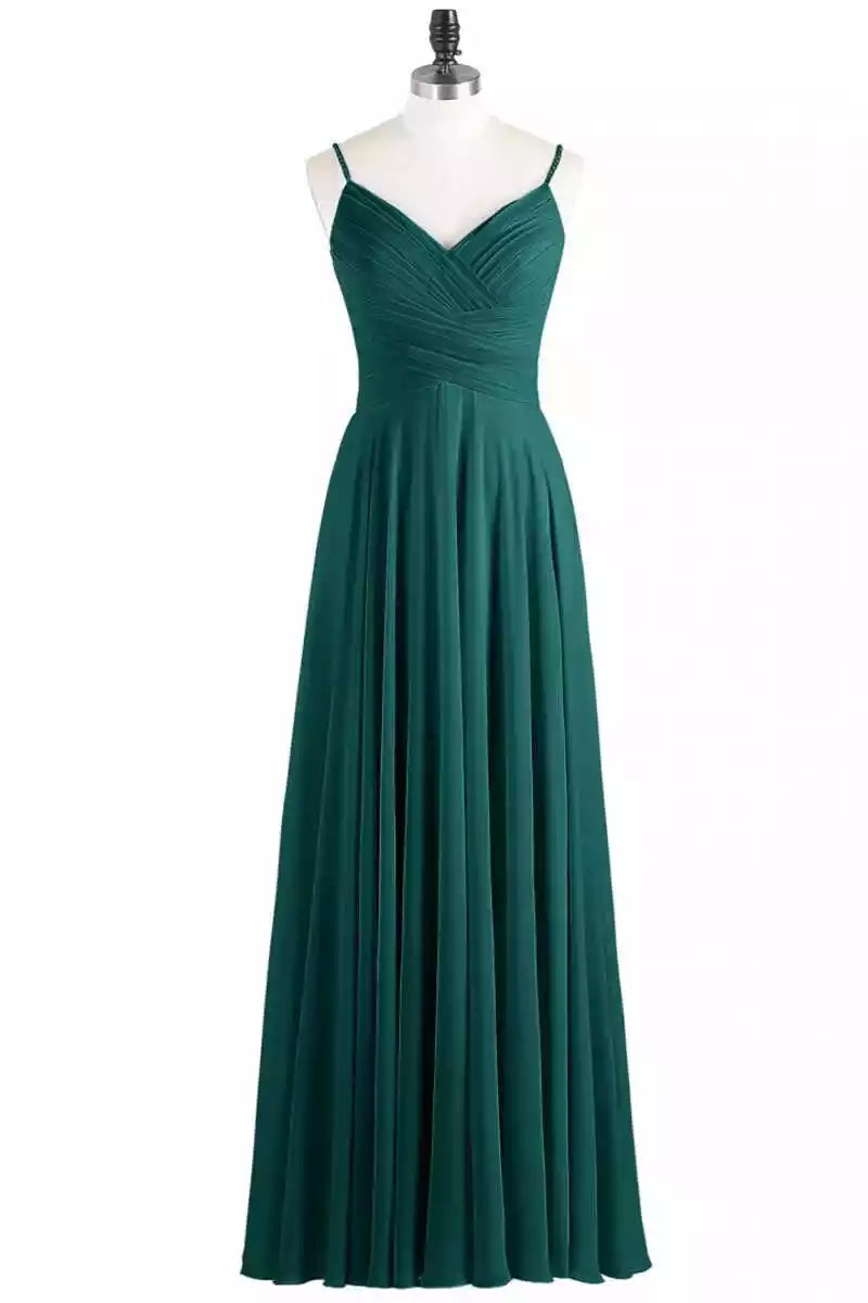 Luxe Emerald Green Chiffon Gown with Spaghetti Strap Ruched Bodice & V-Back