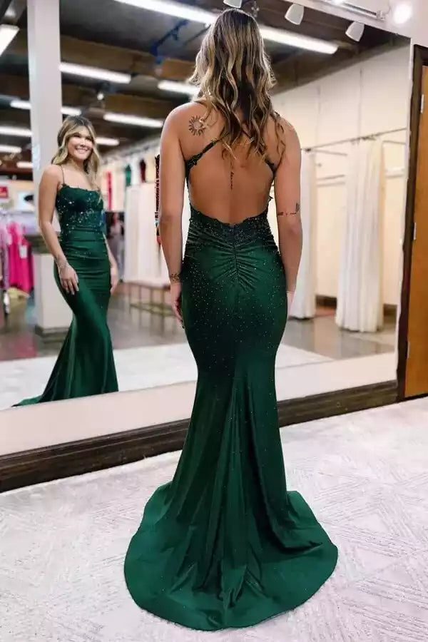 Luxe Emerald Green Mermaid Gown with Beaded Bodice & Open Back