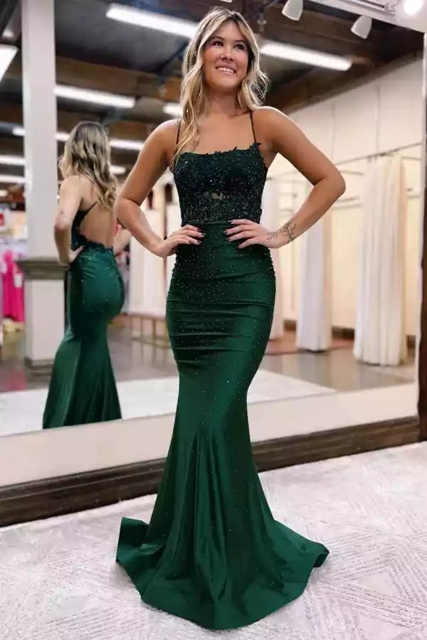 Luxe Emerald Green Mermaid Gown with Beaded Bodice & Open Back