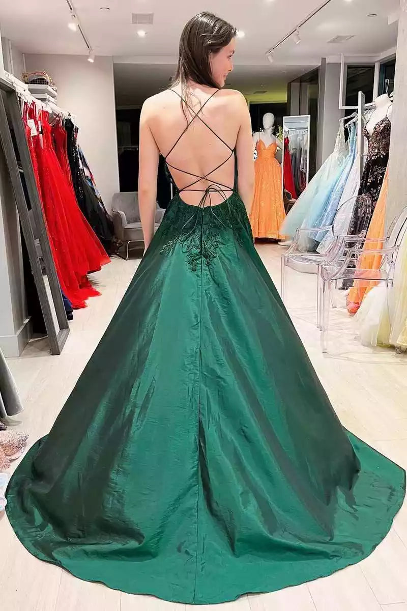 Luxe Emerald Satin Ballgown with Lace Bodice & Crisscross Back