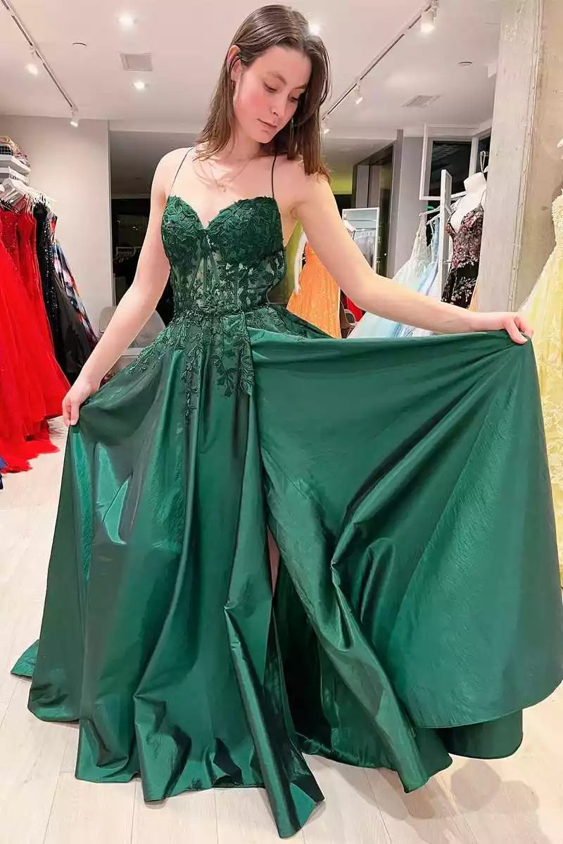Luxe Emerald Satin Ballgown with Lace Bodice & Crisscross Back