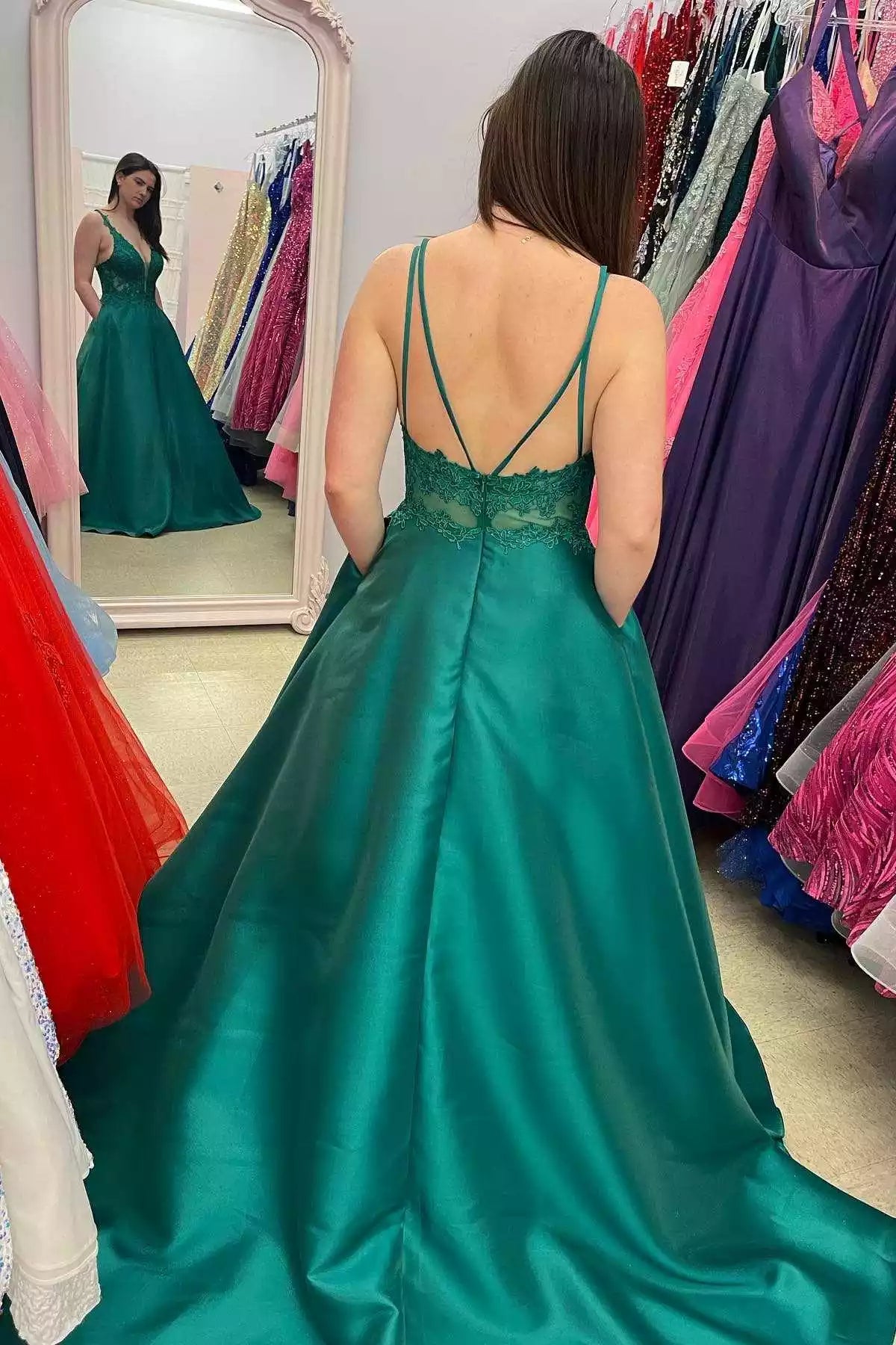 Luxe Emerald Satin Gown with Lace Bodice & Crisscross Halter Back
