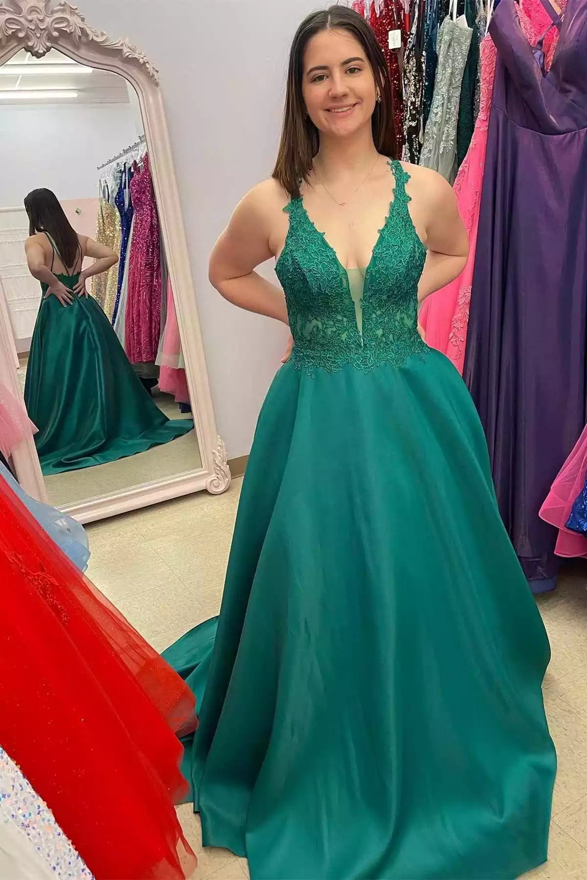 Luxe Emerald Satin Gown with Lace Bodice & Crisscross Halter Back