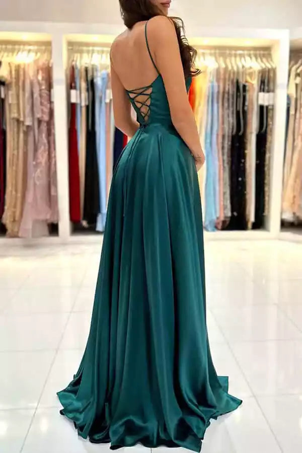 Luxe Emerald Satin Gown with Strappy Back & High Slit