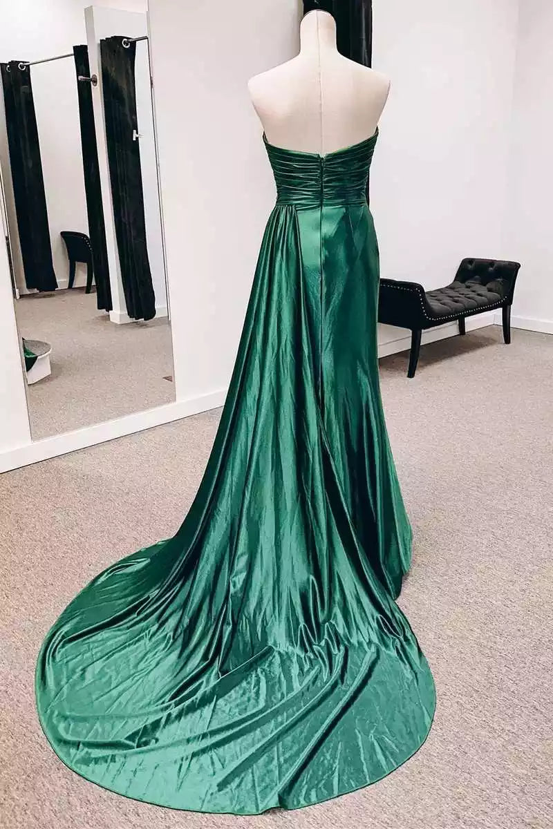Luxe Emerald Satin Mermaid Gown with Strapless Bodice & Lace Accents