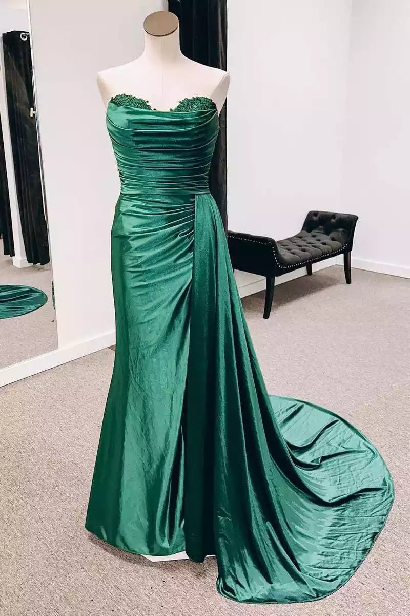 Luxe Emerald Satin Mermaid Gown with Strapless Bodice & Lace Accents