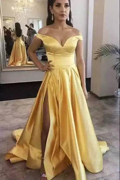 Luxe Gold Satin Gown with Off-the-Shoulder Neckline & High Side Slit