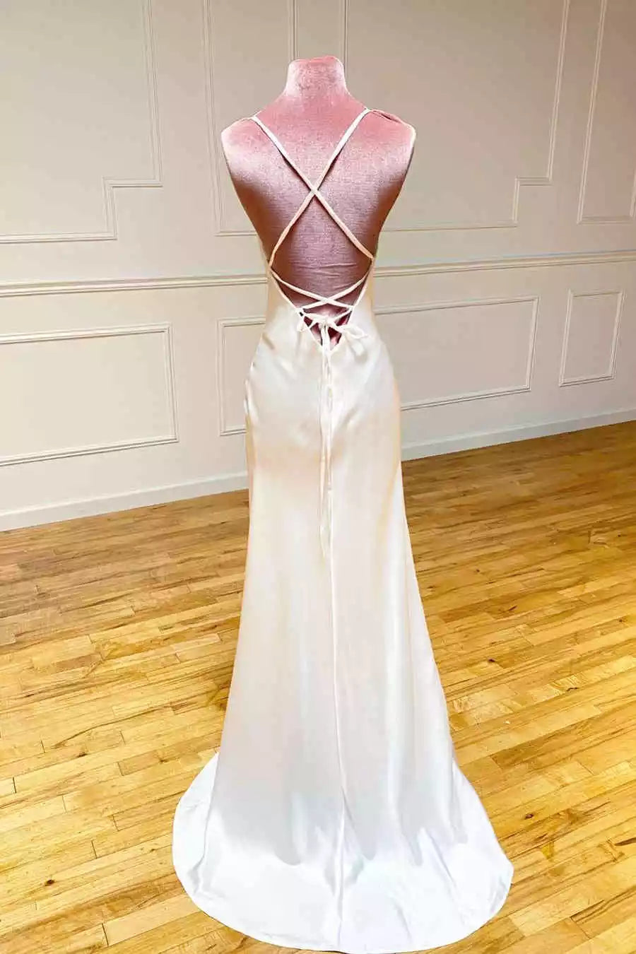 Luxe Ivory Satin Gown with Cowl Neckline & Crisscross Open Back