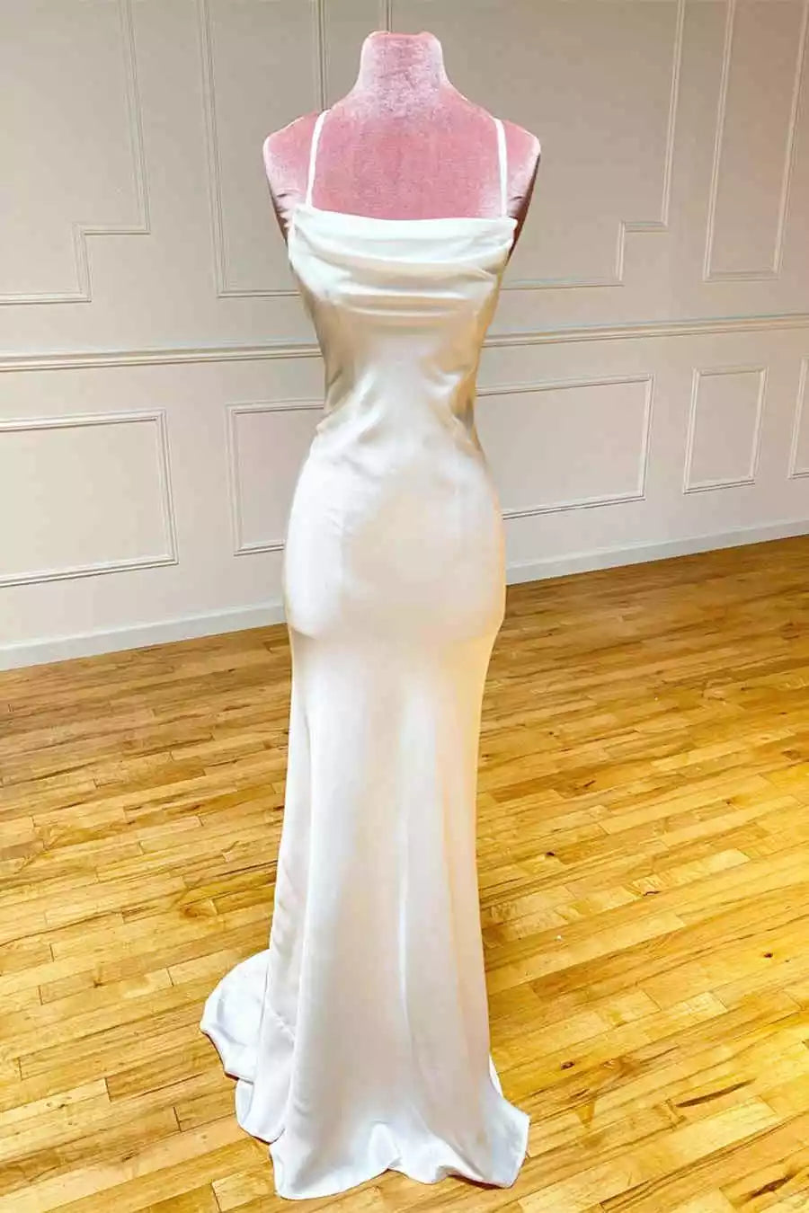 Luxe Ivory Satin Gown with Cowl Neckline & Crisscross Open Back