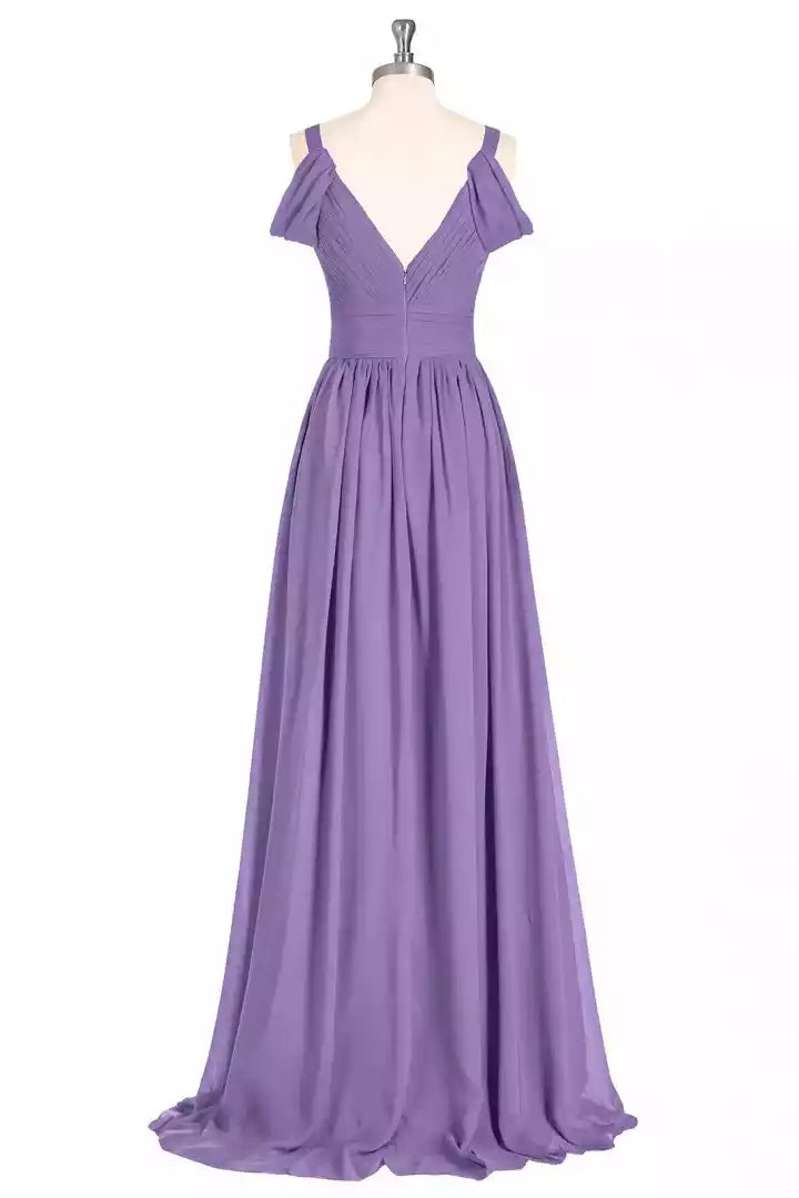 Luxe Lavender Chiffon Gown with Off-the-Shoulder Ruched Bodice & High-Low Hem
