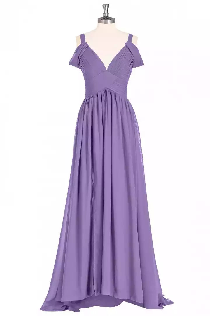 Luxe Lavender Chiffon Gown with Off-the-Shoulder Ruched Bodice & High-Low Hem