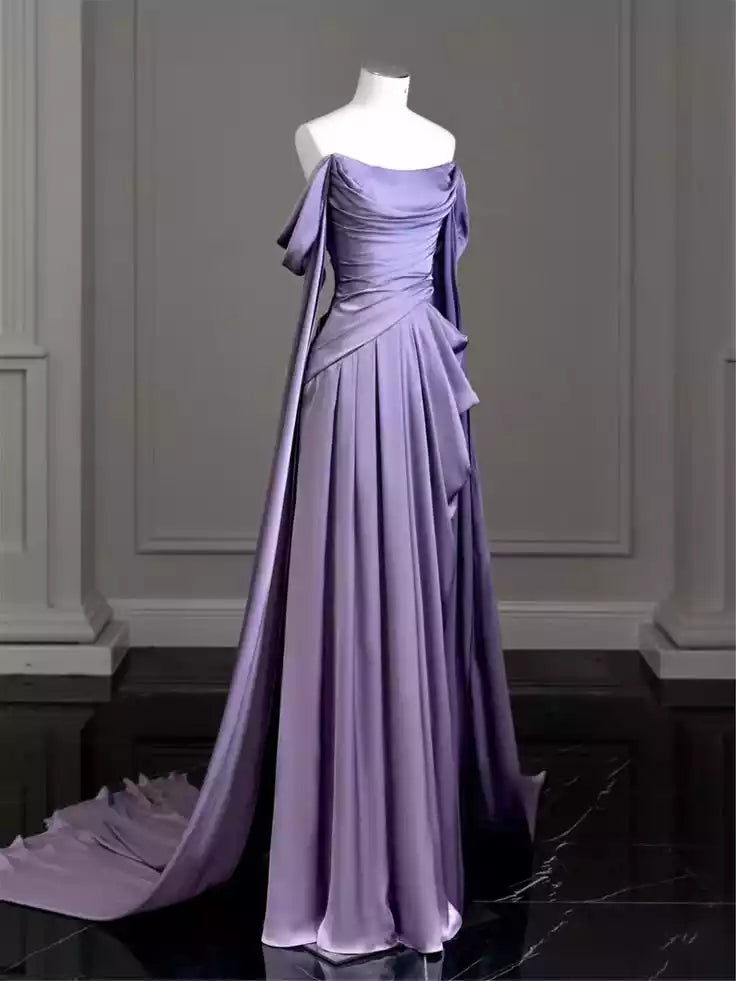 Luxe Lavender Satin Gown with Off-the-Shoulder Cape Sleeves & Dramatic Train